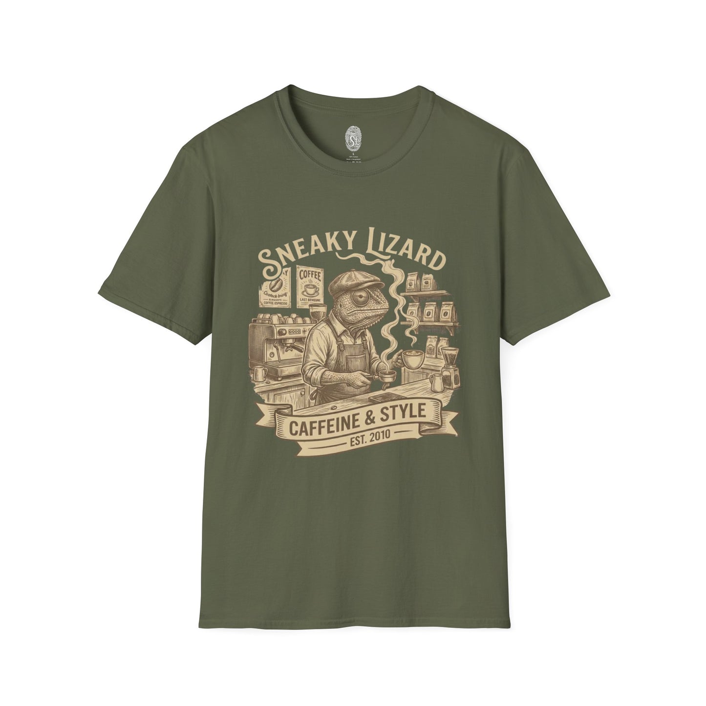 Sneaky Lizard Coffee T-Shirt — "Caffeine & Style" Barista Graphic Tee