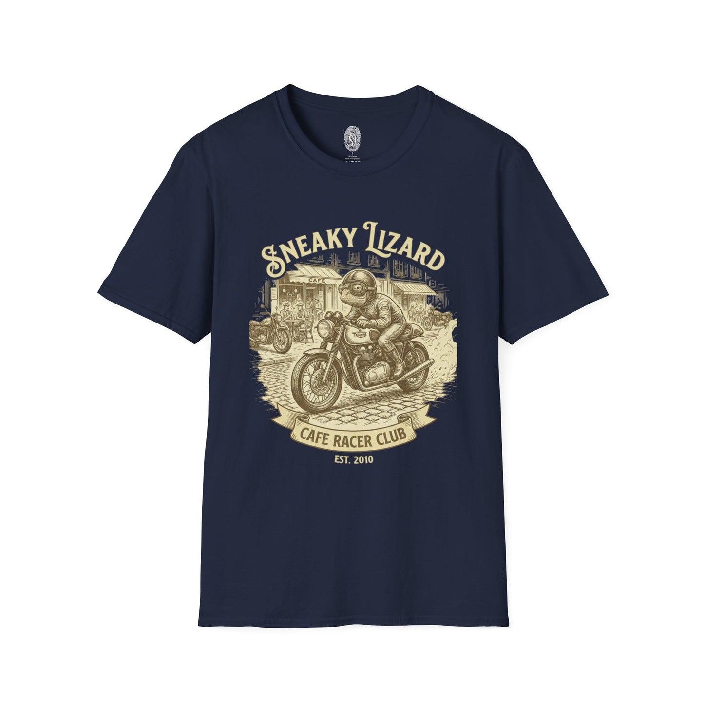 Cafe Racer Club Motorcycle T-Shirt — "Sneaky Lizard" Vintage Bike Graphic