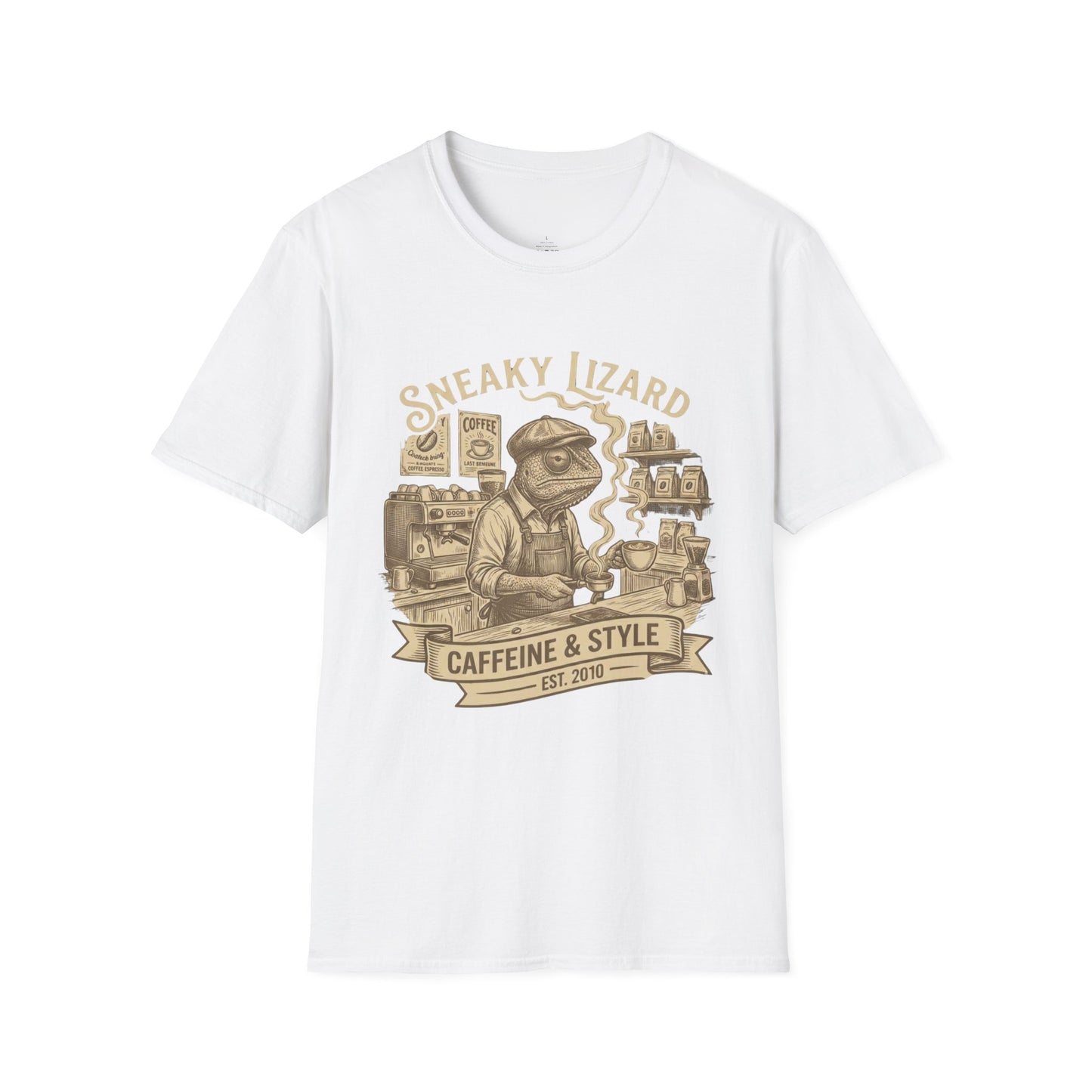 Sneaky Lizard Coffee T-Shirt — "Caffeine & Style" Barista Graphic Tee