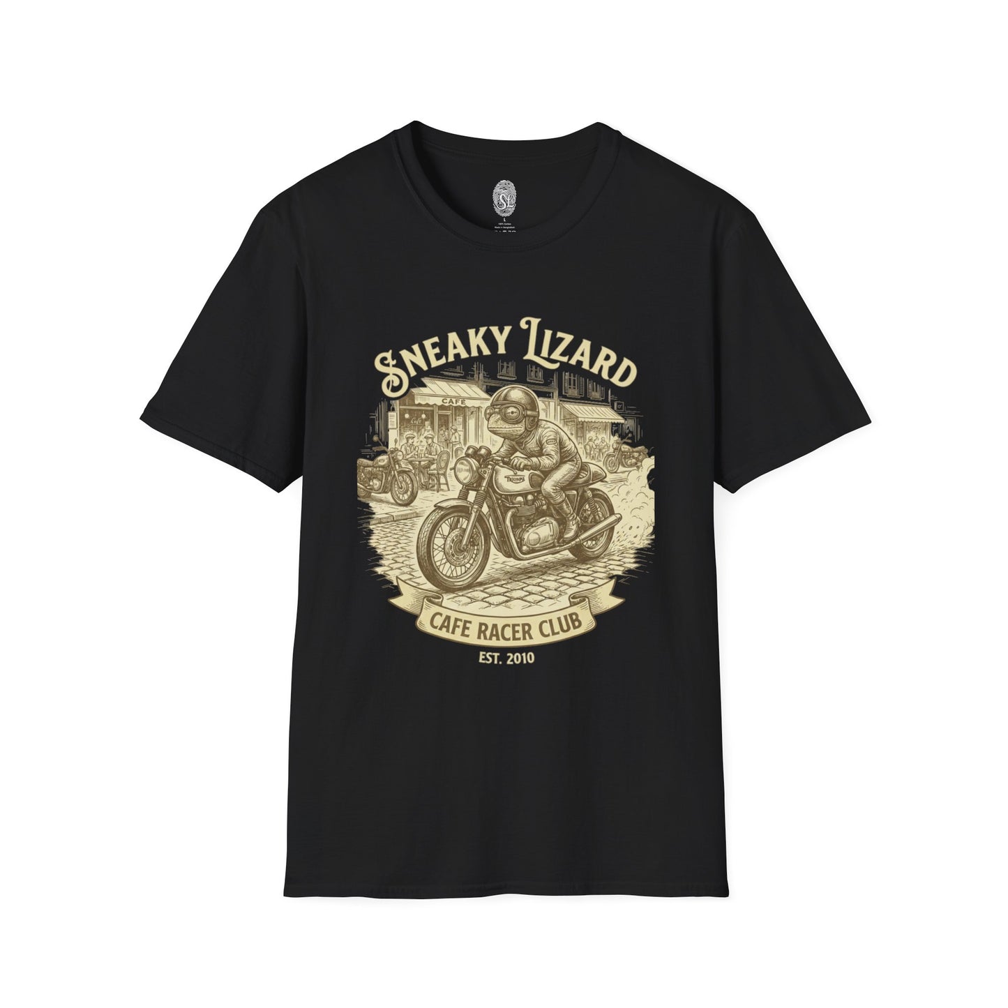 Cafe Racer Club Motorcycle T-Shirt — "Sneaky Lizard" Vintage Bike Graphic
