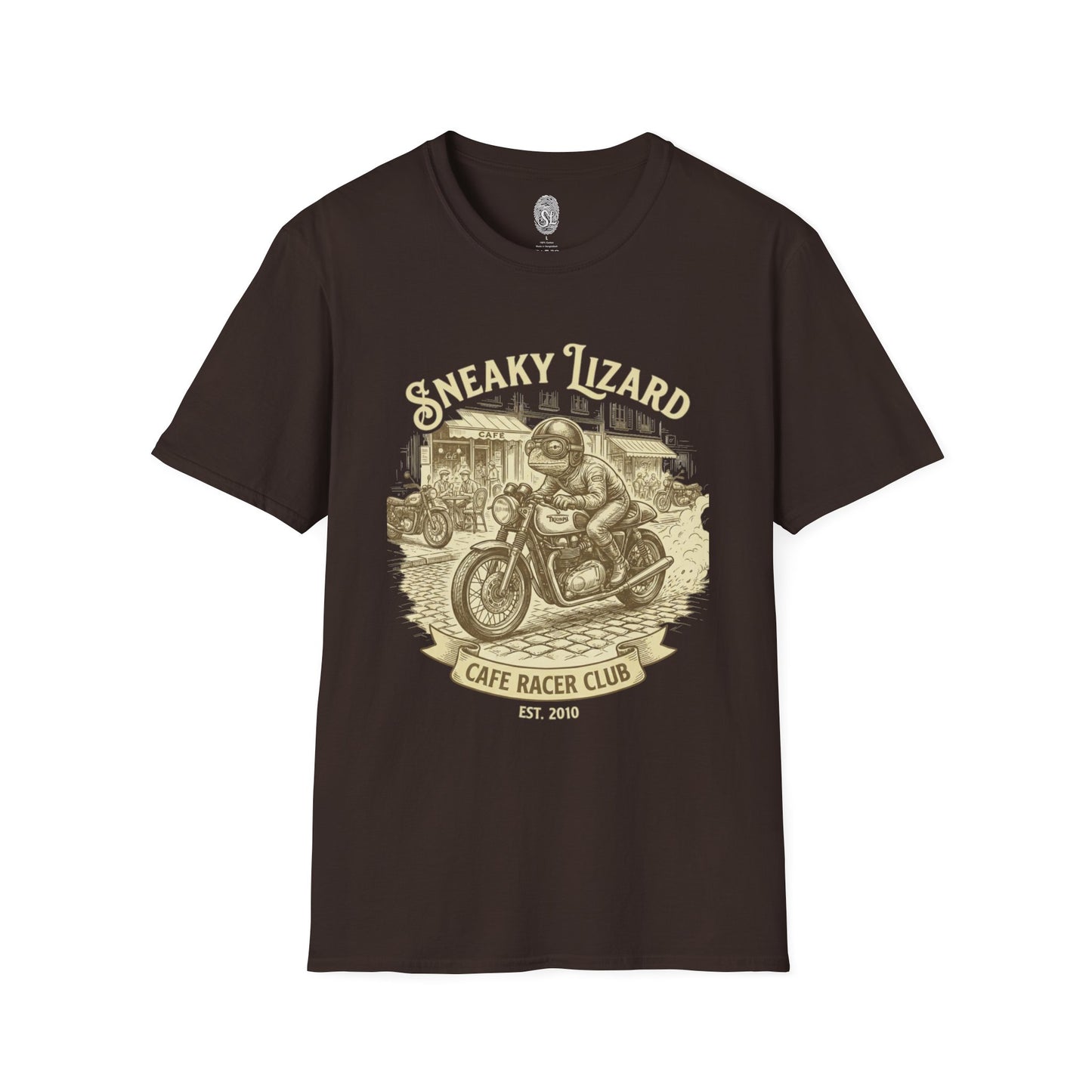 Cafe Racer Club Motorcycle T-Shirt — "Sneaky Lizard" Vintage Bike Graphic