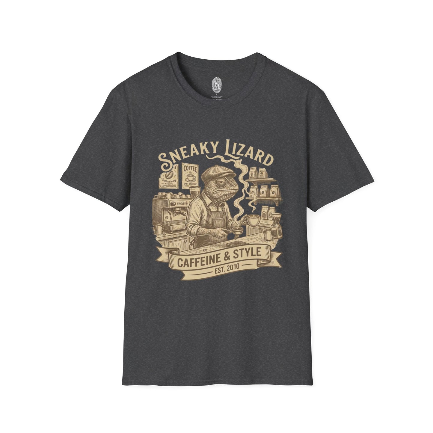 Sneaky Lizard Coffee T-Shirt — "Caffeine & Style" Barista Graphic Tee