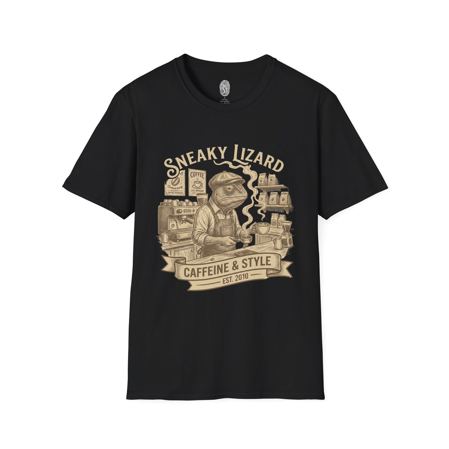 Sneaky Lizard Coffee T-Shirt — "Caffeine & Style" Barista Graphic Tee
