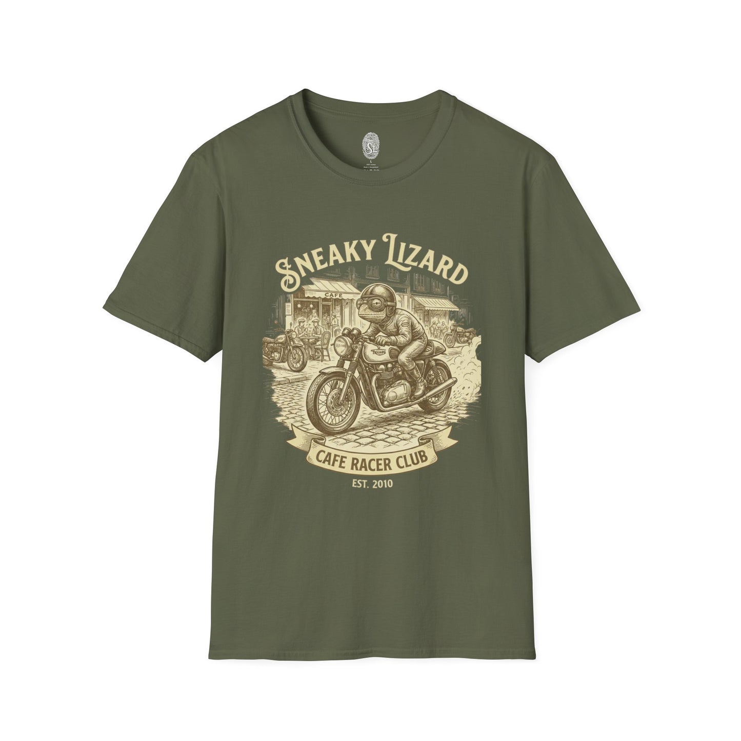 Cafe Racer Club Motorcycle T-Shirt — "Sneaky Lizard" Vintage Bike Graphic