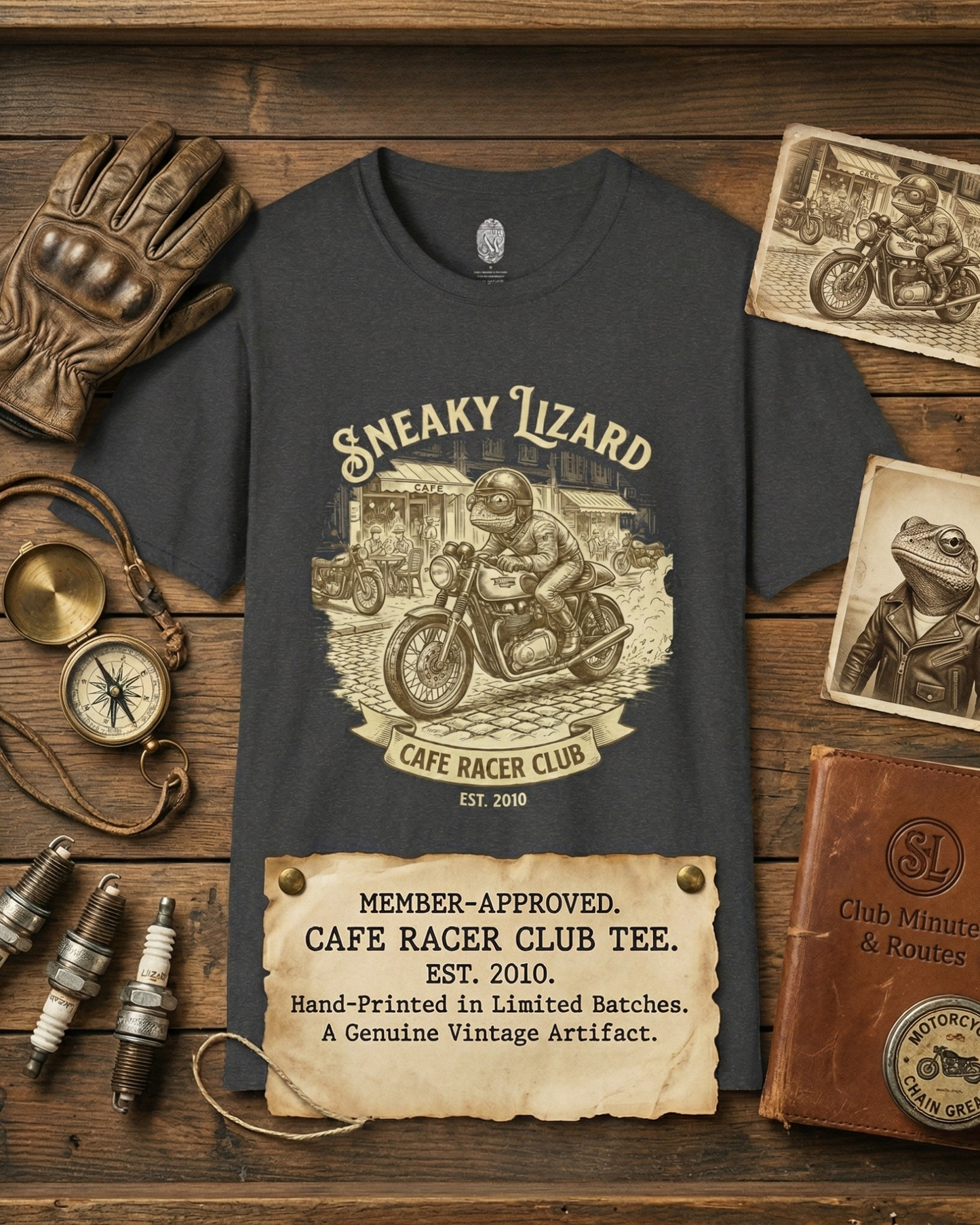 Cafe Racer Club Motorcycle T-Shirt — "Sneaky Lizard" Vintage Bike Graphic
