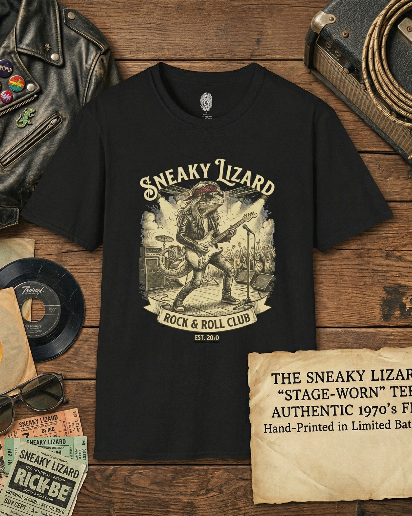 Sneaky Lizard Rock & Roll Club T-Shirt — Vintage Guitar Lizard Band Tee