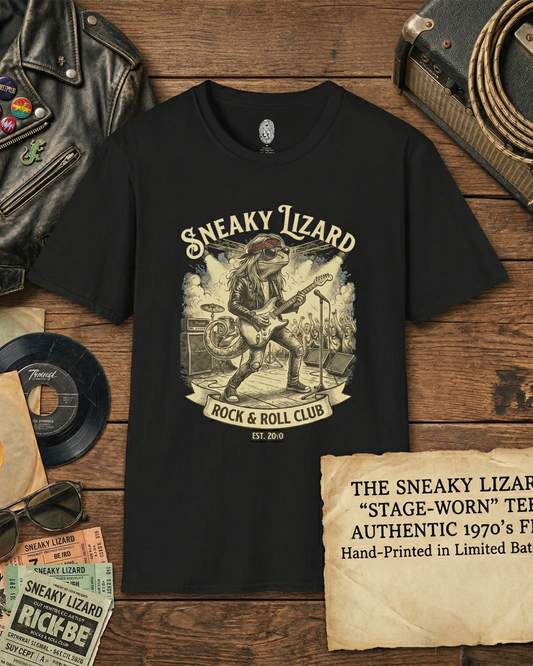 Sneaky Lizard Rock & Roll Club T-Shirt — Vintage Guitar Lizard Band Tee