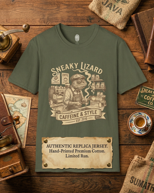 Sneaky Lizard Coffee T-Shirt — "Caffeine & Style" Barista Graphic Tee