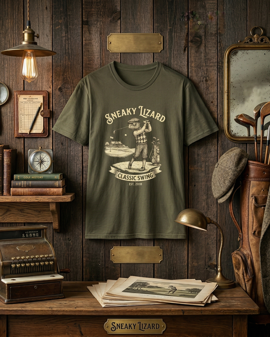 Golf T-Shirt — "Sneaky Lizard Classic Swing" Vintage Golf Graphic Tee