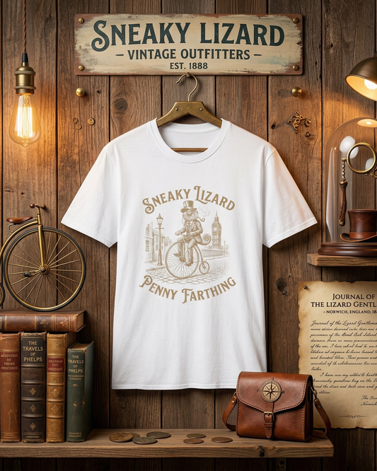 Penny Farthing Sneaky Lizard T-Shirt — Vintage Victorian Bicycle Graphic Tee
