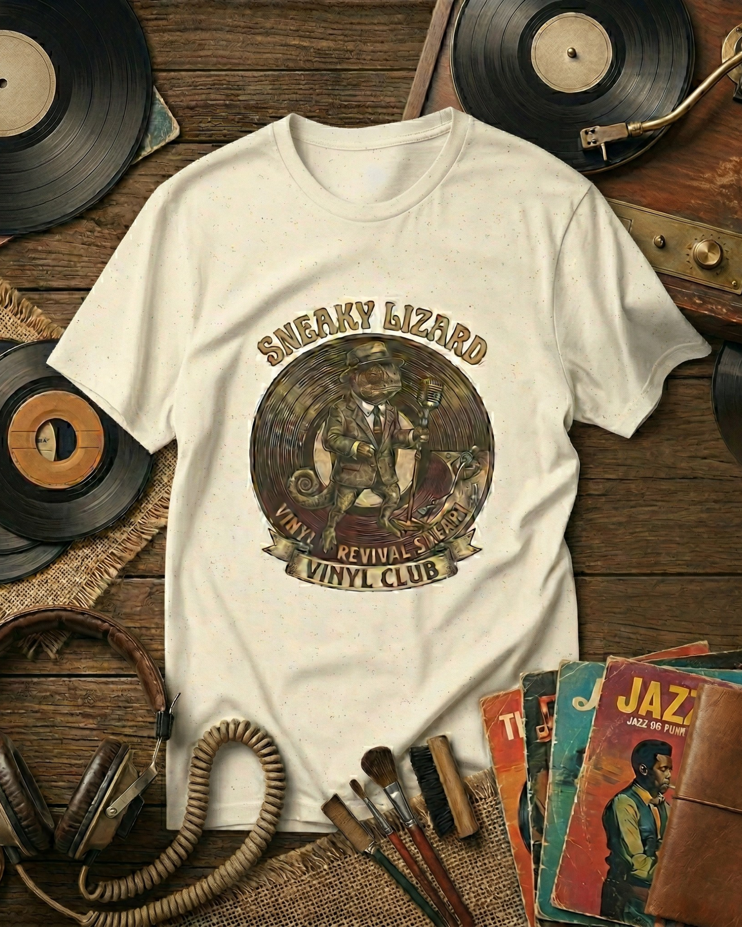 Sneaky Lizard Vinyl Club T-Shirt | Vintage Natural Cotton Music Tee