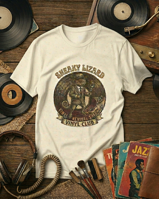 Sneaky Lizard Vinyl Club T-Shirt | Vintage Natural Cotton Music Tee