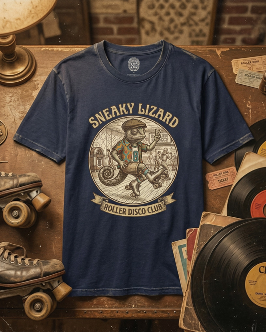 Sneaky Lizard Roller Disco Club T-Shirt | Vintage 70s Skate Graphic Tee