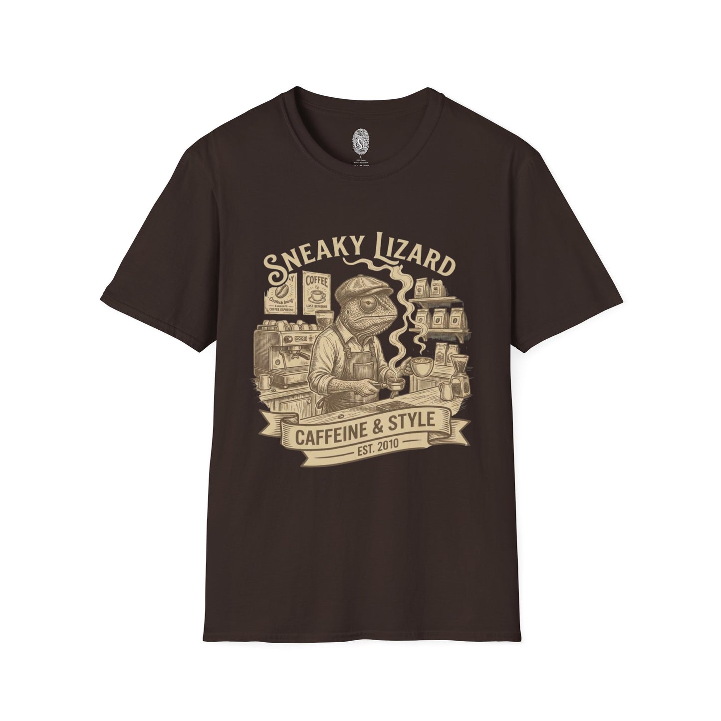 Sneaky Lizard Coffee T-Shirt — "Caffeine & Style" Barista Graphic Tee