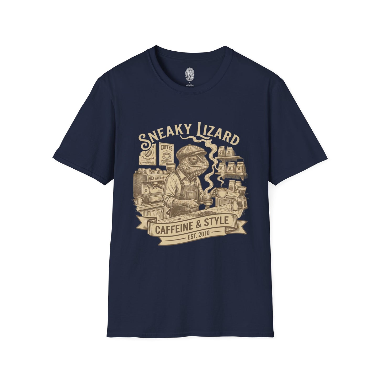 Sneaky Lizard Coffee T-Shirt — "Caffeine & Style" Barista Graphic Tee